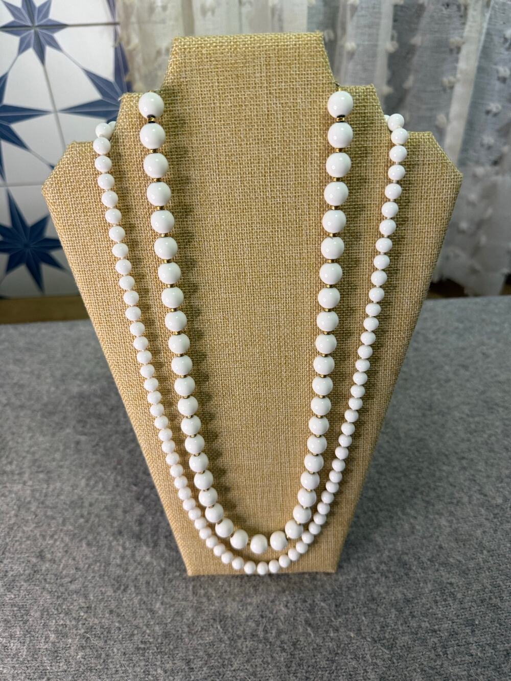 Vintage Monet Lot of 2 White Bead Necklaces 30 Inch Single Strands